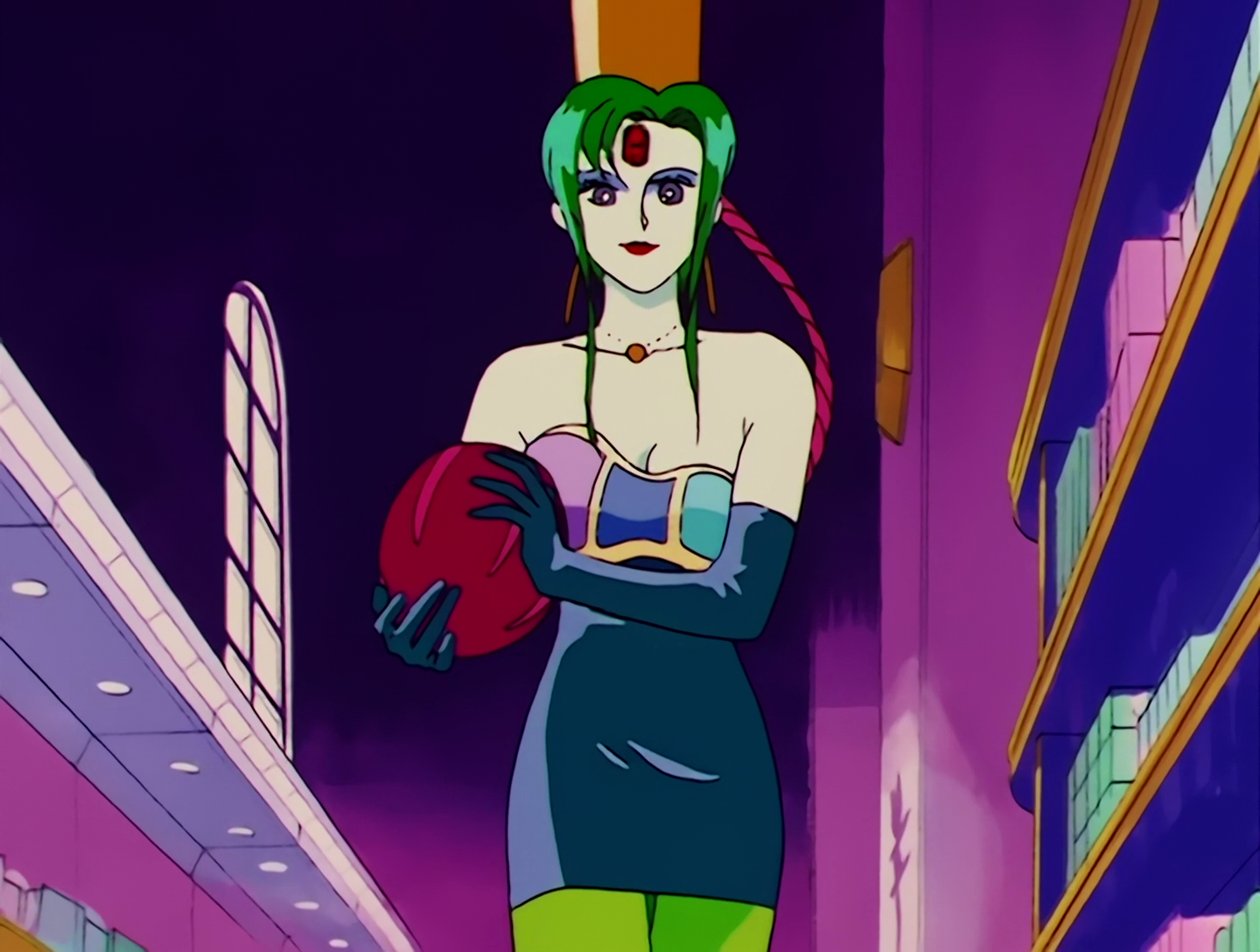 Atsugessho, a Droid from Sailor Moon episode 61. Her skin is pale green and her hair is dark green, and she has a prominent red gem on her forehead. She’s wearing an asymmetric black dress, the upper section of which is styled like a large eye shadow palette with pink, blue and green squares. On top of her head is a cylindrical gold cap resembling the top of a perfume bottle, and she holds a large red squeeze bulb that’s connected to it.